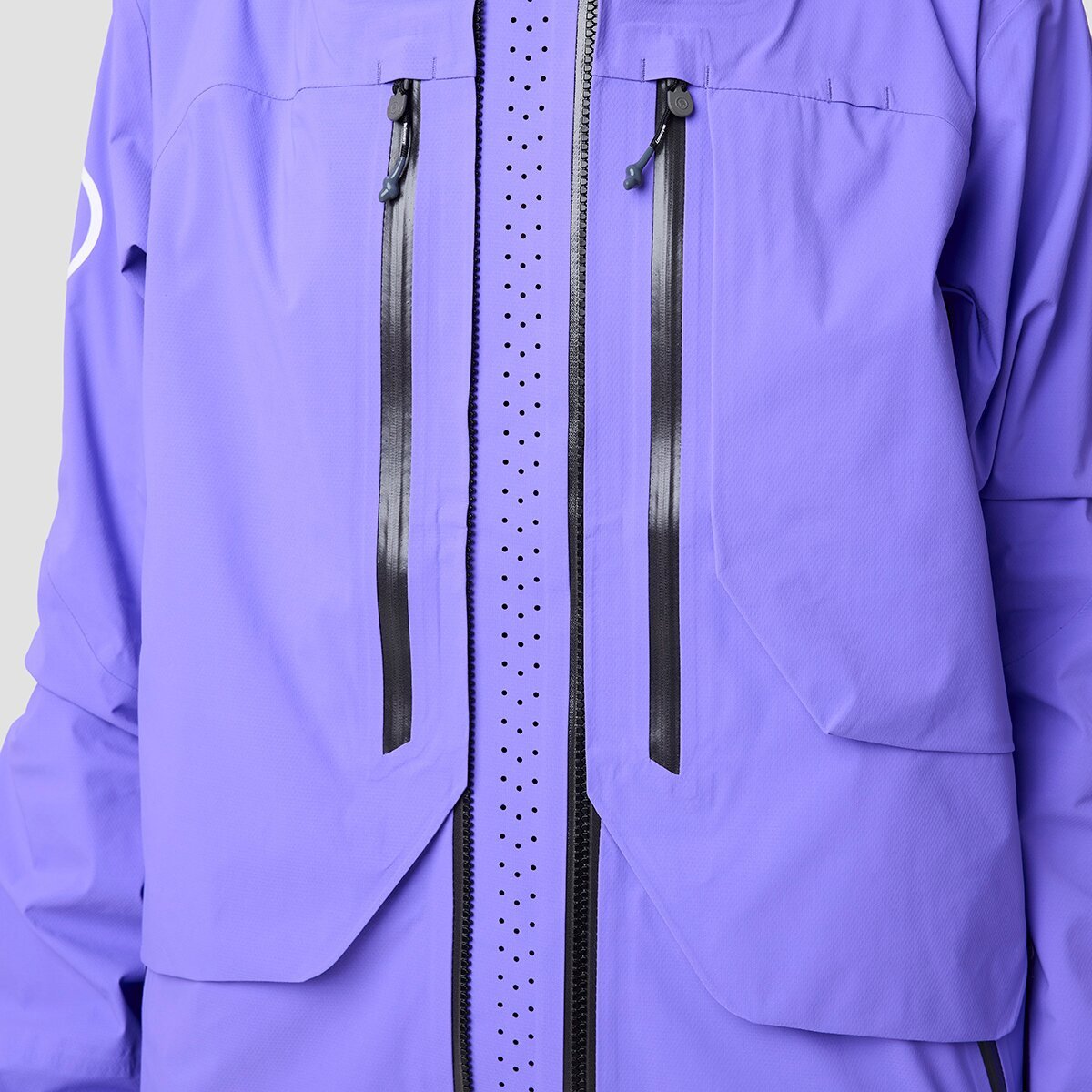 Front of cottonwoods LT ski jacket fully zipped showing laser vented storm flap.